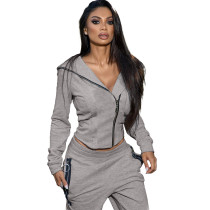 Casual Solid Color Zipper Hoodie Sports Two Piece Set