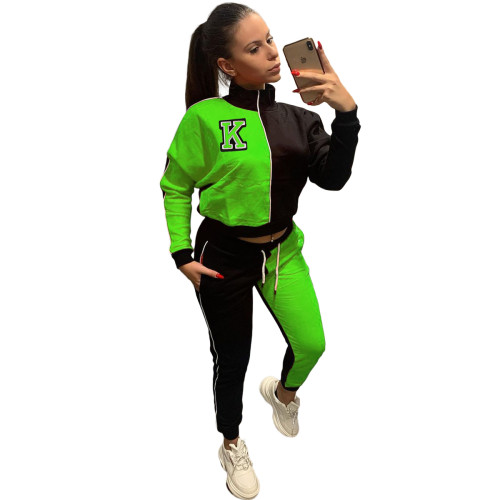 Casual Fluorescent Green/Black Letter Color Matching Set Women High Neck Sports Two Piece Suit