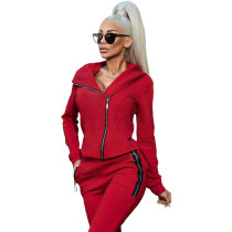 Casual Solid Color Red Zipper Hoodie Sports Two Piece Set