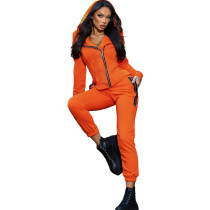 Casual Solid Color Orange Zipper Hoodie Sports Two Piece Set