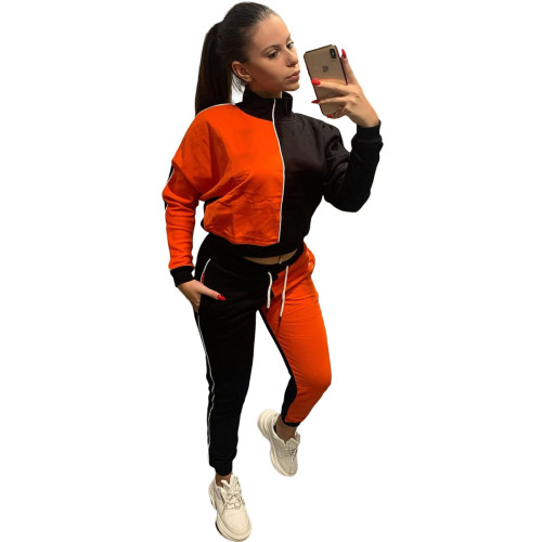 Casual Orange/Black Color Matching High Neck Pullover Two Piece Women Set