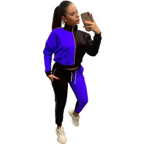 Casual Blue/Black Color Matching High Neck Pullover Two Piece Women Set