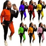 Casual Red/Black Color Matching High Neck Pullover Two Piece Women Set