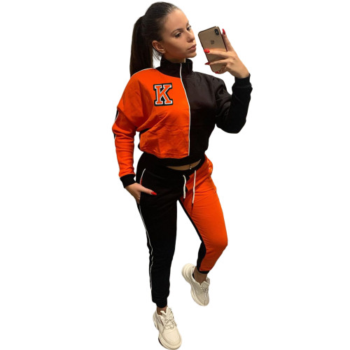 Casual Orange/Black Letter Color Matching Set Women High Neck Sports Two Piece Suit