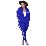 Casual Blue Printed Dyeing Letter Two Piece Sportswear Set with Zipper