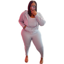 Solid Grey Plus Size Zipper Hoodie Sweatpant Set