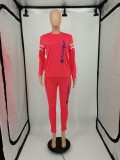 Casual Autumn Winter Pink Pullover Lounge Wear Women Letter Embroidery Two Piece Set