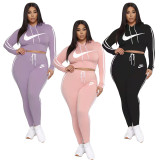 Casual Pink Printed Side Parallel Sportswear Plus Size Hoodie Set For Women