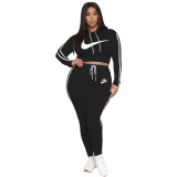 Casual Black Printed Side Parallel Sportswear Plus Size Hoodie Set For Women