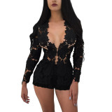 Solid Color Black 2 Piece Lace Cardigan Top and Shorts