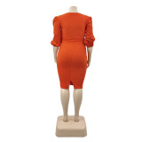Solid Color Plus Size L-4XLRed Bandage V Neck Blouse and Midi Skirts Set
