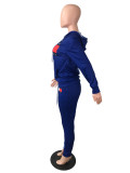 Blue Sport Color Block Letter Digital Printed Hooded Women Tracksuit Set 2 Piece Hoodie Pants Sets
