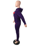 Purple Sport Color Block Letter Digital Printed Hooded Women Tracksuit Set 2 Piece Hoodie Pants Sets
