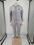 Solid Plus Size Grey Printed Letter Zipper Hoodie Sweatpant Set with Pockets