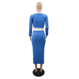 Casual Blue Two Piece Set Bodycon Sweatshirt and Pencil Skirt for Women