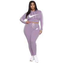Casual Purple Printed Side Parallel Sportswear Plus Size Hoodie Set For Women