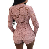 Solid Color Pink 2 Piece Lace Cardigan Top and Shorts