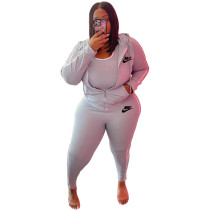 Solid Plus Size Grey Printed Letter Zipper Hoodie Sweatpant Set with Pockets