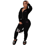 Solid Color Black Embroidered Letter Sports Hoodie Pants Set