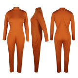 Solid Color Brown Stand-up Collar Zipper Jumpsuit for Fall Women