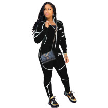 Solid Color Black Printed Letter High Neck Sports Long Sleeve Two Piece Set