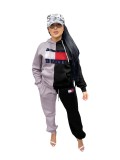 Grey/Black Sport Color Block Letter Digital Printed Hooded Women Tracksuit Set 2 Piece Hoodie Pants Sets
