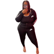 Solid Plus Size Black Printed Letter Zipper Hoodie Sweatpant Set with Pockets