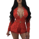 Solid Color Red 2 Piece Lace Cardigan Top and Shorts