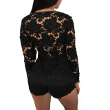 Solid Color Black 2 Piece Lace Cardigan Top and Shorts