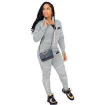 Solid Color Grey Printed Letter High Neck Sports Long Sleeve Two Piece Set