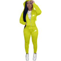 Casual Yellow Drawstring Twill Women Sets Sports Embroidery Letter Hoodie Tracksuit Set