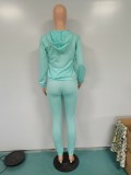 Casual Aqua Drawstring Hooded Embroidered Two Piece Outfits