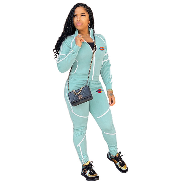 Casual Solid Long Sleeve High Neck Printed Sports Two Piece Outfits with Zipper