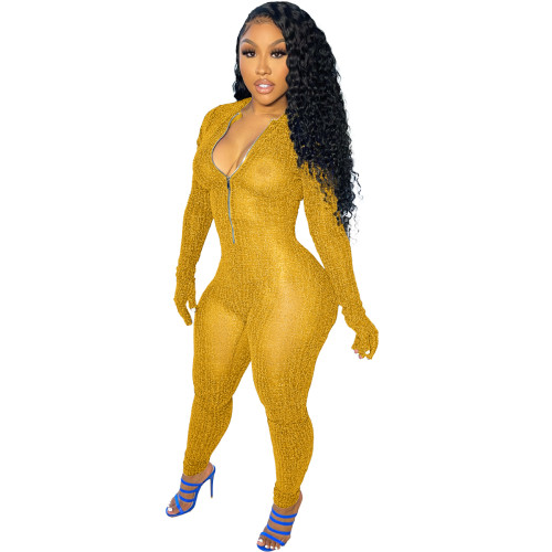 Solid Color Gold Mesh See Through Long Sleeve Jumpsuit with Flexible Removable Gloves