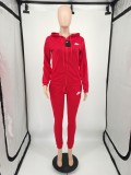 Casual Red Drawstring Twill Women Sets Sports Embroidery Letter Hoodie Tracksuit Set
