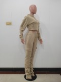 Thickened Side Pocket Casual Solid Color Khaki Elastic Waist Stacked Leggings Pants Set