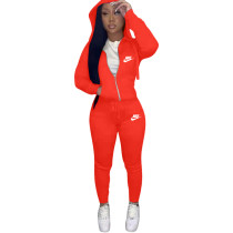 Casual Red Drawstring Twill Women Sets Sports Embroidery Letter Hoodie Tracksuit Set