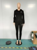 Casual Black Drawstring Hooded Embroidered Two Piece Outfits