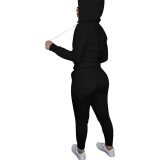 Casual Black Drawstring Twill Women Sets Sports Embroidery Letter Hoodie Tracksuit Set
