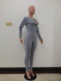 Solid Color Light Blue Mesh See Through Long Sleeve Jumpsuit with Flexible Removable Gloves