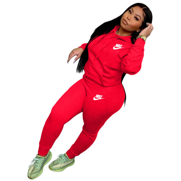 Fashion Red Two Piece Women Set Embroidery Letter Hoodie Two Piece Pants Set