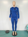 Fashion Blue Two Piece Women Set Embroidery Letter Hoodie Two Piece Pants Set