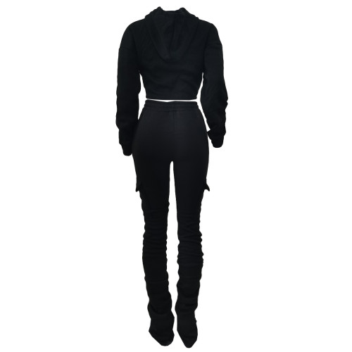 Thickened Side Pocket Casual Solid Color Black Elastic Waist Stacked Leggings Pants Set