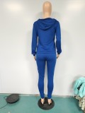 Casual Blue Drawstring Hooded Embroidered Two Piece Outfits
