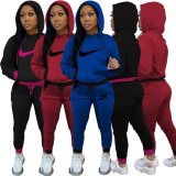Women's Red Air Layer Cotton Blended Sweatpants 2 Pc Sports Stitching Embroidery Hooded Casual Set