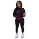Women's Black Air Layer Cotton Blended Sweatpants 2 Pc Sports Stitching Embroidery Hooded Casual Set
