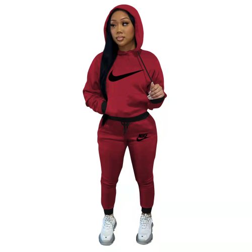 Women's Red Air Layer Cotton Blended Sweatpants 2 Pc Sports Stitching Embroidery Hooded Casual Set