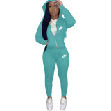 Casual Aqua Drawstring Twill Women Sets Sports Embroidery Letter Hoodie Tracksuit Set