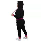 Women's Black Air Layer Cotton Blended Sweatpants 2 Pc Sports Stitching Embroidery Hooded Casual Set