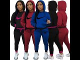 Women's Blue Air Layer Cotton Blended Sweatpants 2 Pc Sports Stitching Embroidery Hooded Casual Set